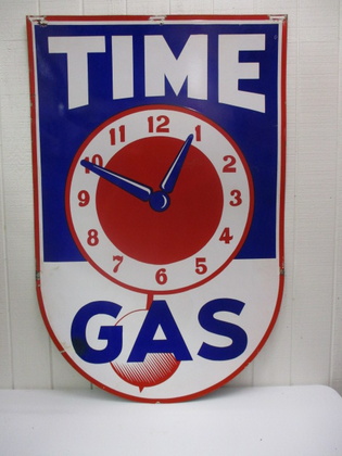 A large blue and red clock with the words " time gas ".